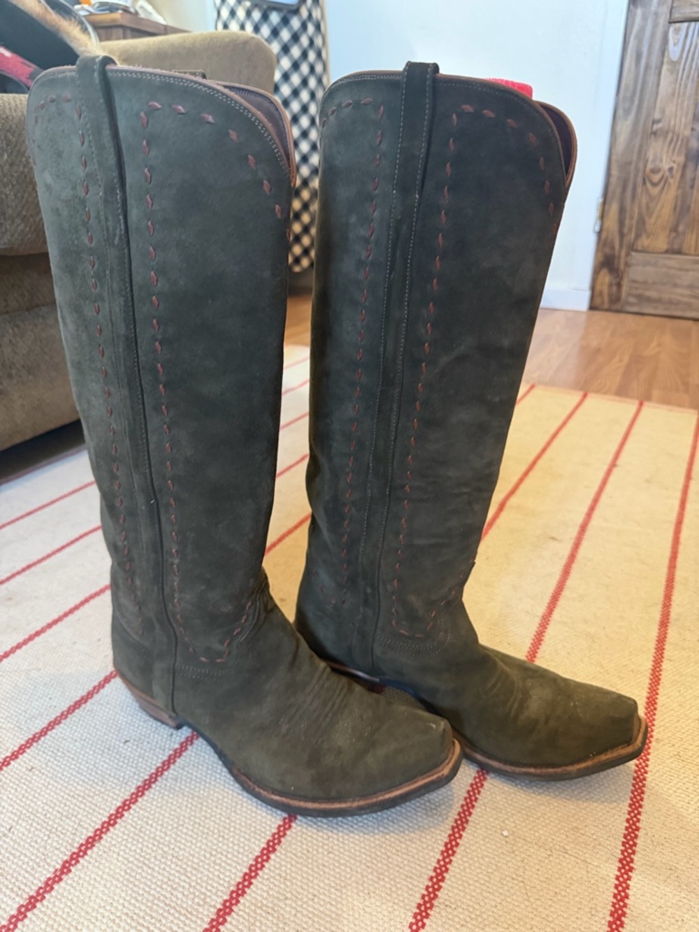 Women’s Tall Suede Cowboy Heeled Boots in Olive with Tan Stitching